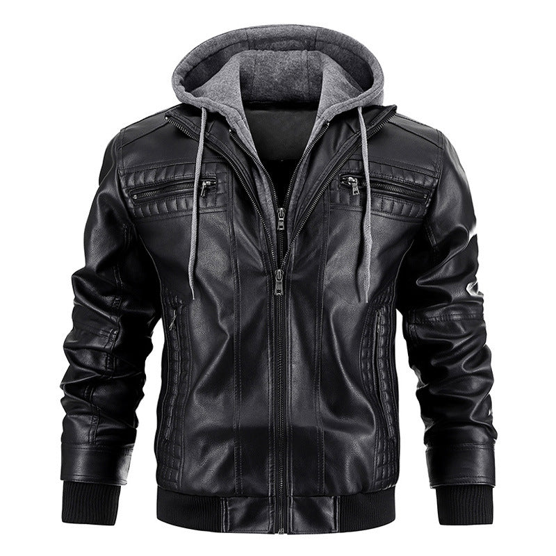 Men's PU Leather Jacket with Hood and Zip Pockets