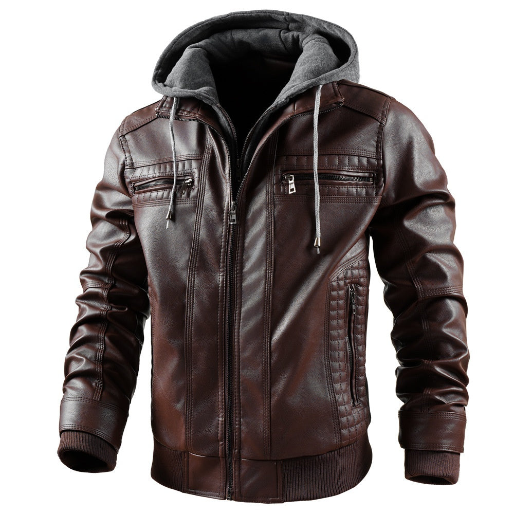 Men's PU Leather Jacket with Hood and Zip Pockets