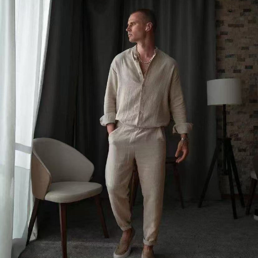 Men's Cotton Suit Casual Shirt Pants Set