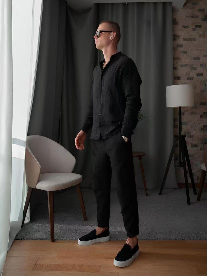 Men's Cotton Suit Casual Shirt Pants Set