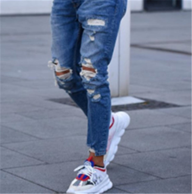 Men's Ripped Effect Denim Cotton Jeans