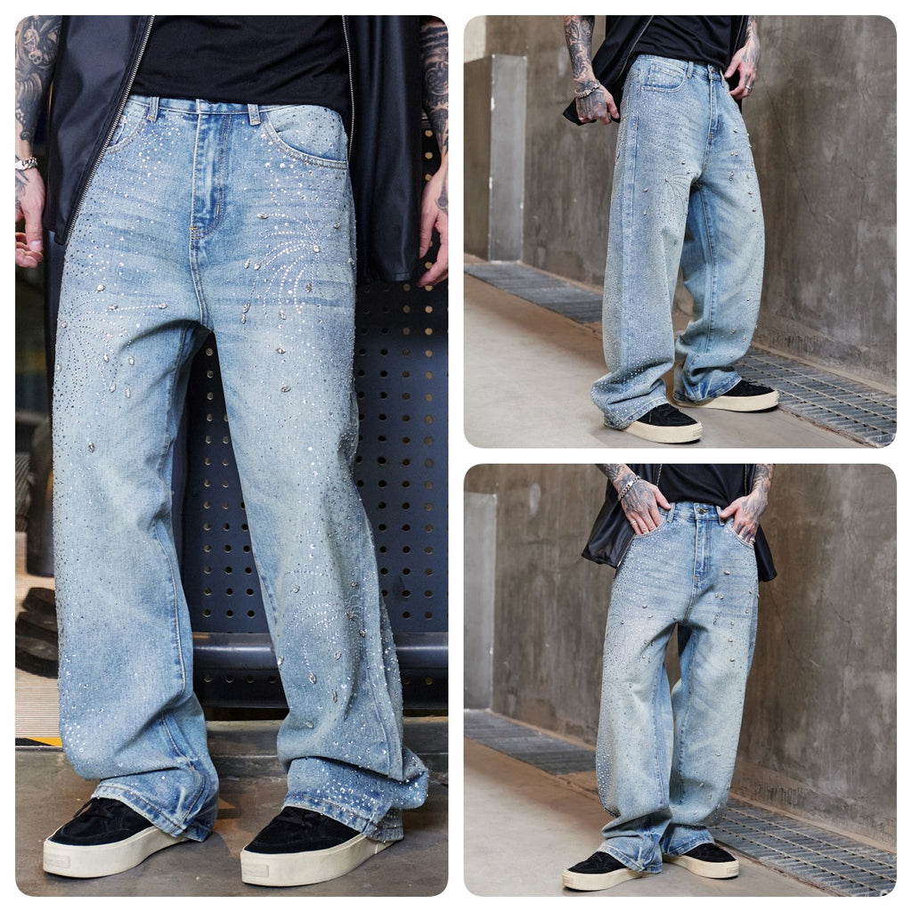 Jeans Uomo Denim Gamba Dritta Design Rombi