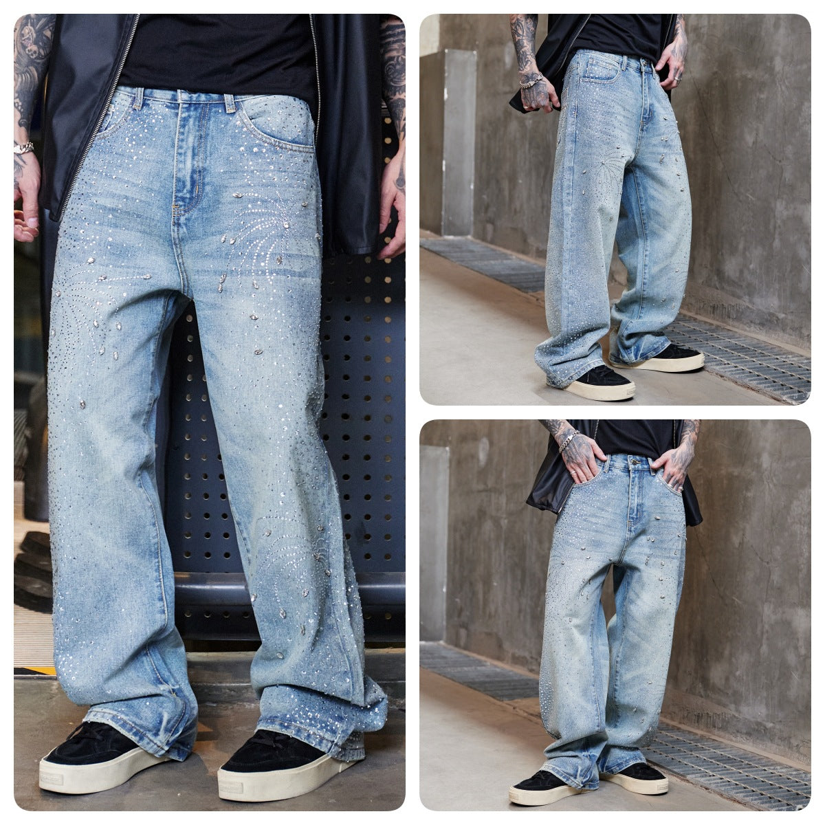Men's Straight Leg Diamond Design Denim Jeans