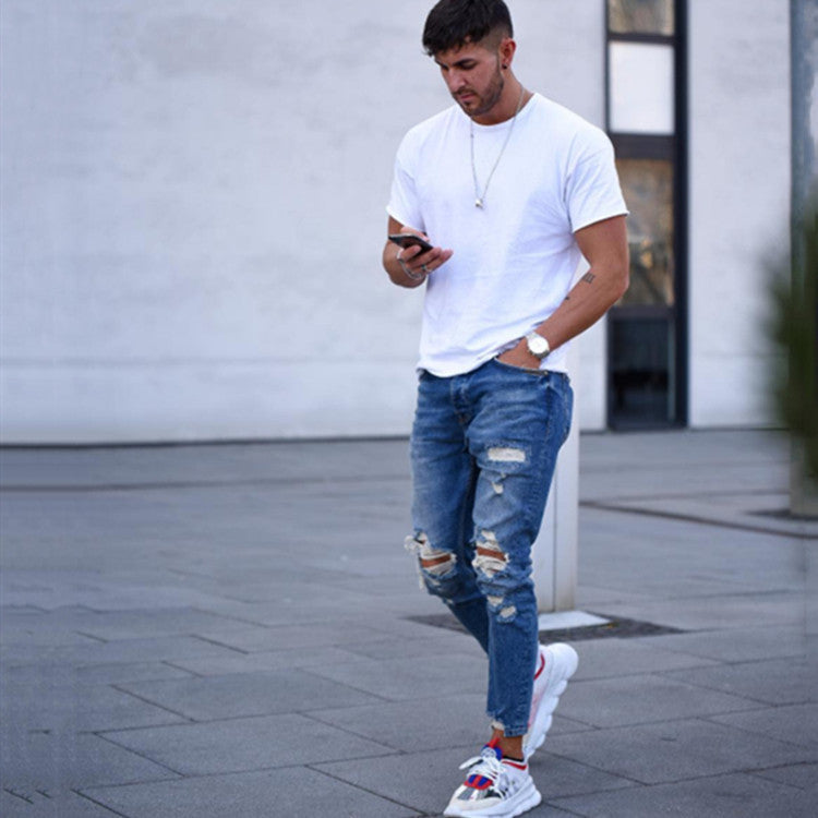 Men's Ripped Effect Denim Cotton Jeans