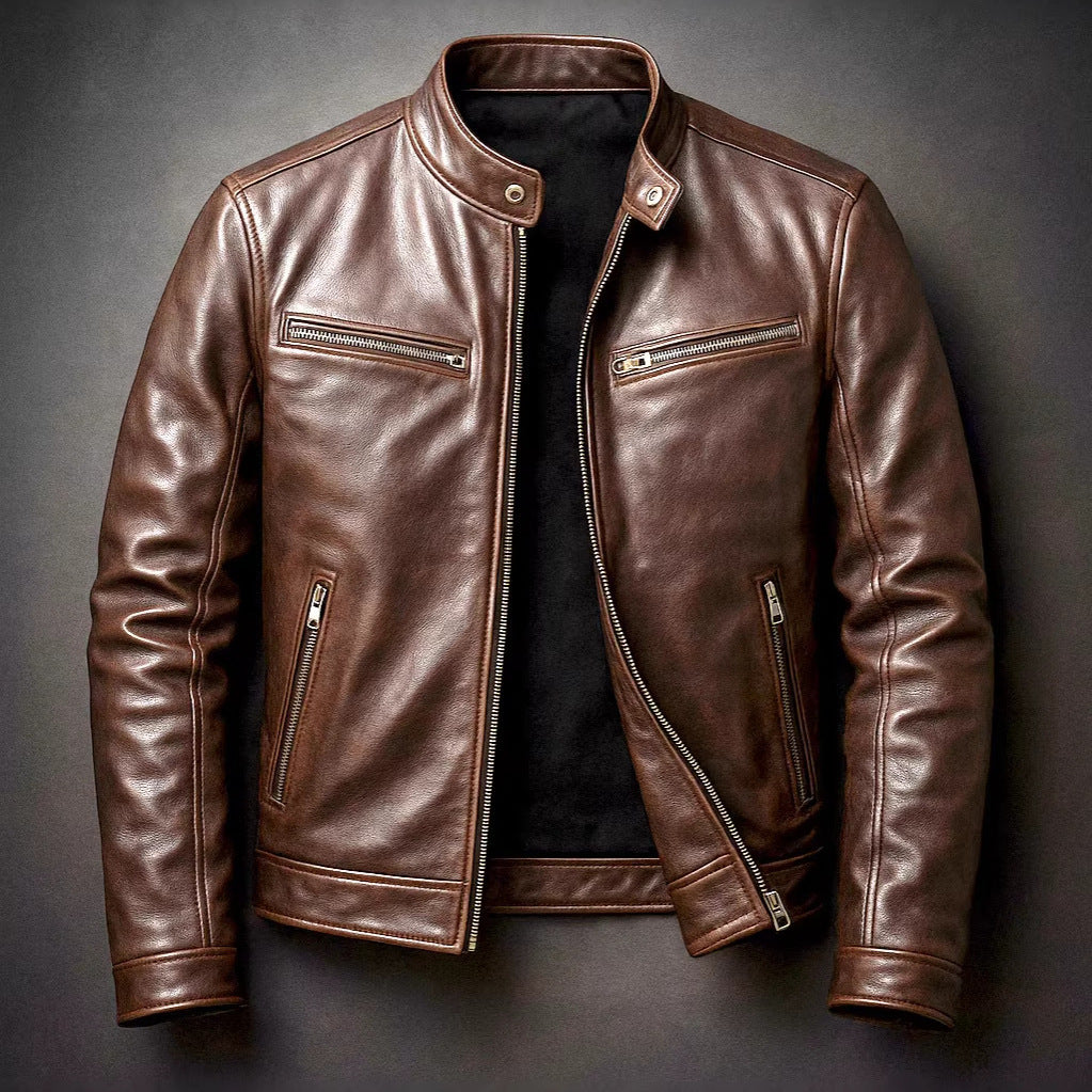 Men's PU Leather Jacket High Collar Biker