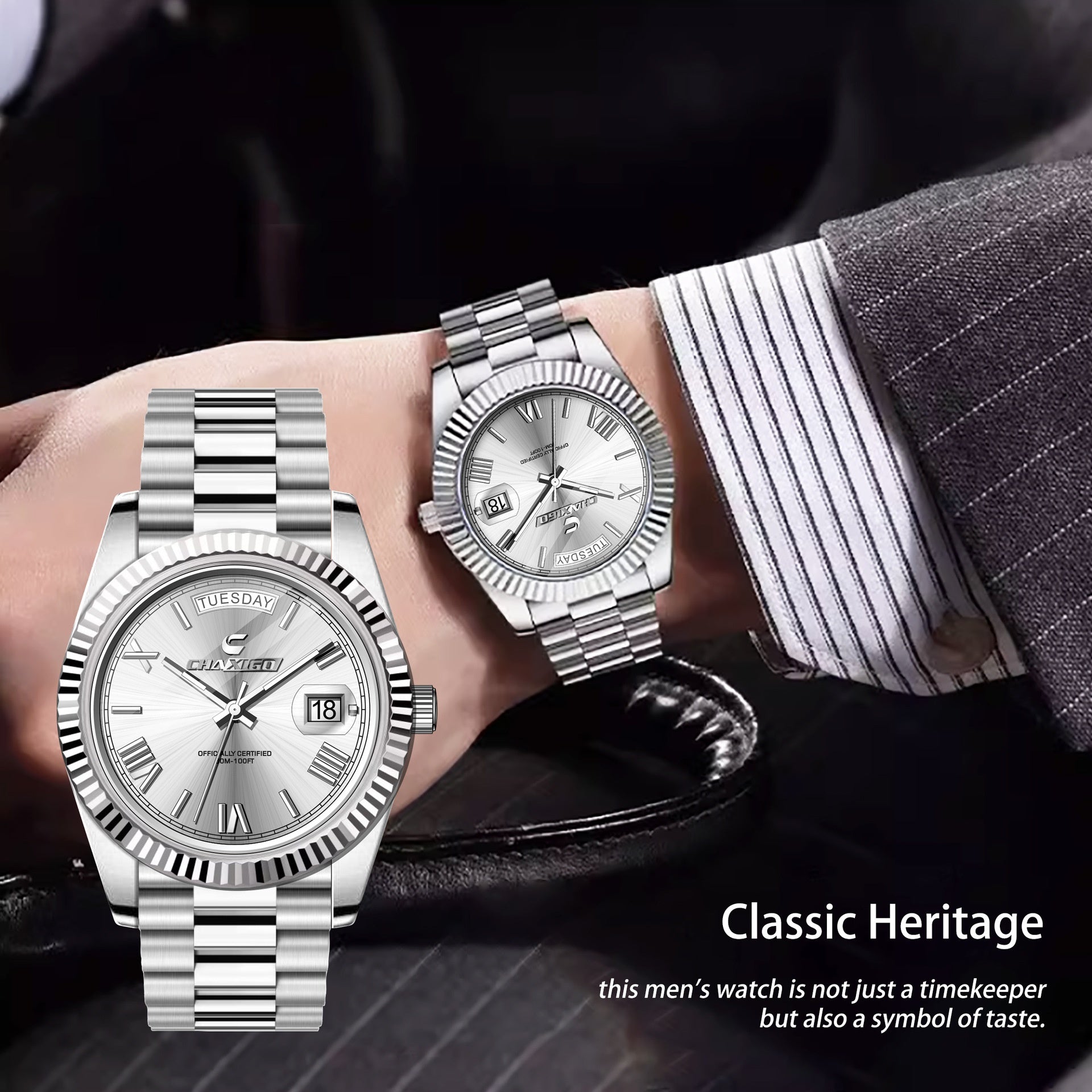 Men's Quartz Watch Stainless Steel Waterproof 30m