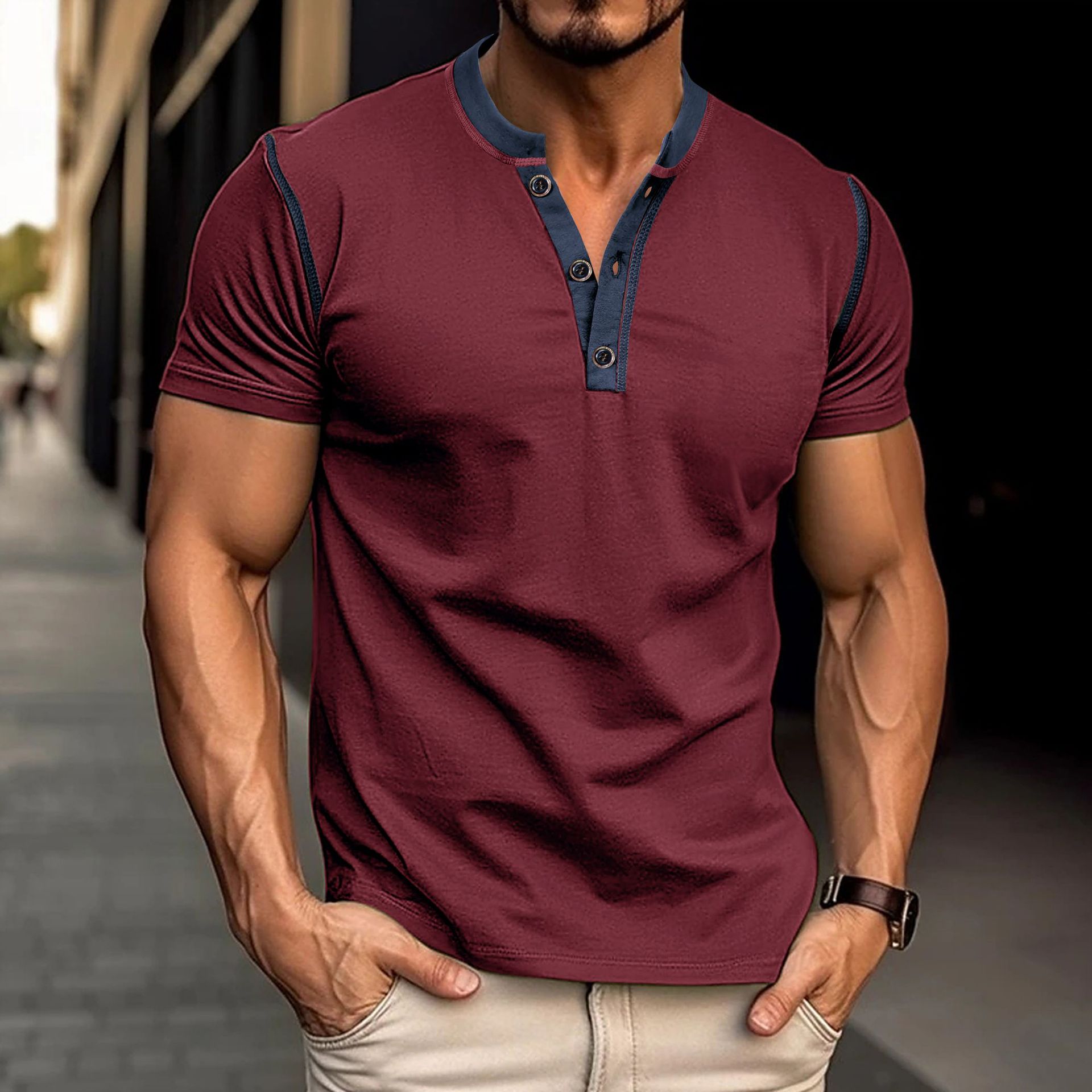 Men's Polo Shirt V-Neck Buttons Short Sleeve