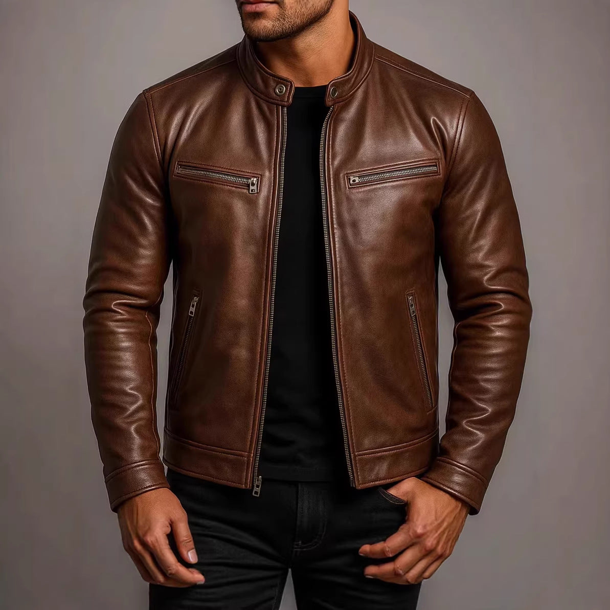 Men's PU Leather Jacket High Collar Biker
