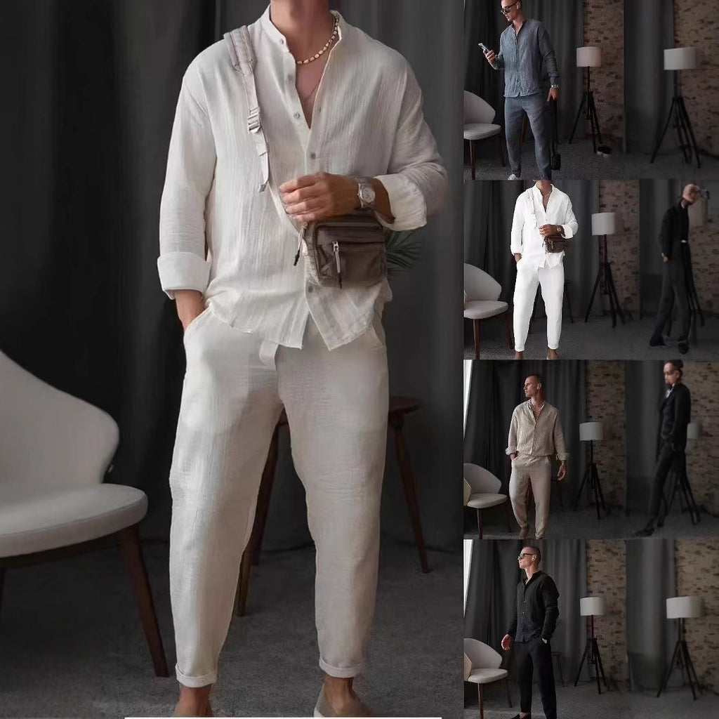 Men's Cotton Suit Casual Shirt Pants Set