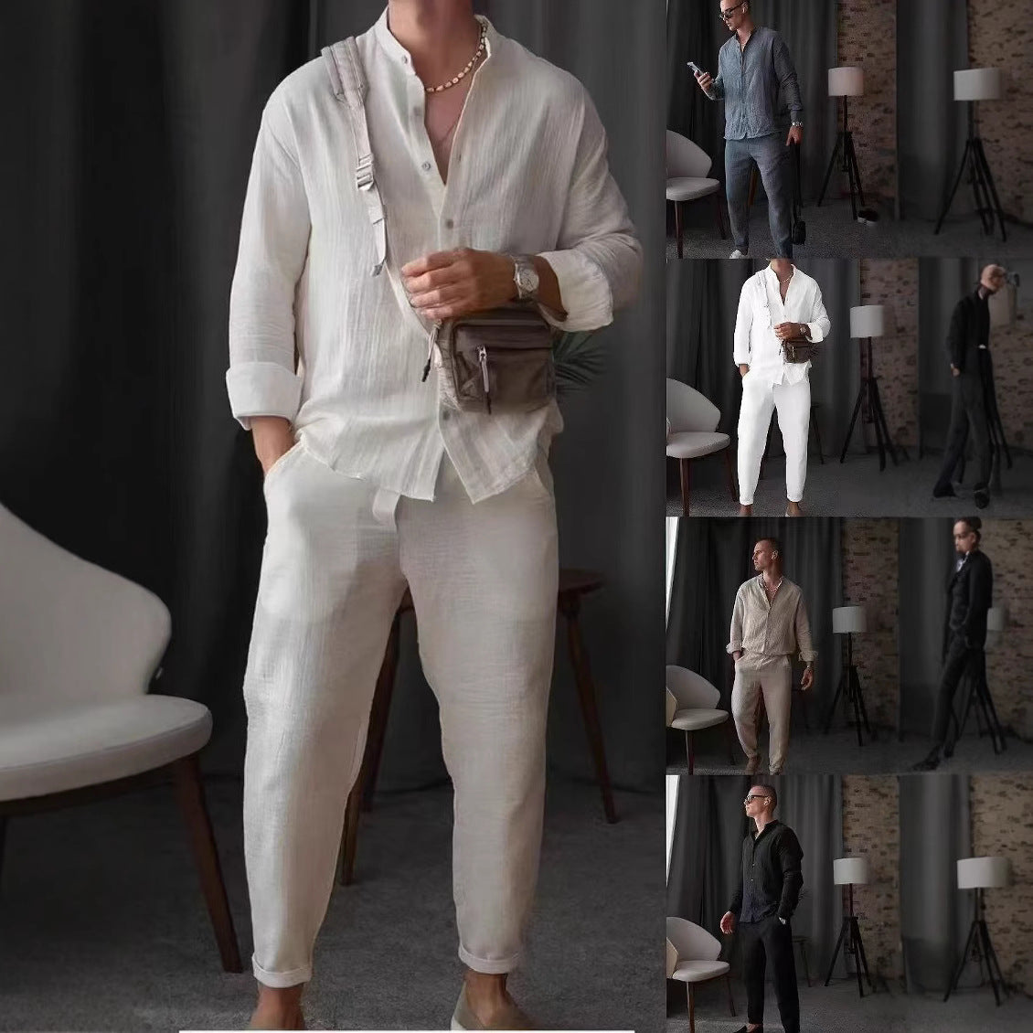 Men's Cotton Suit Casual Shirt Pants Set