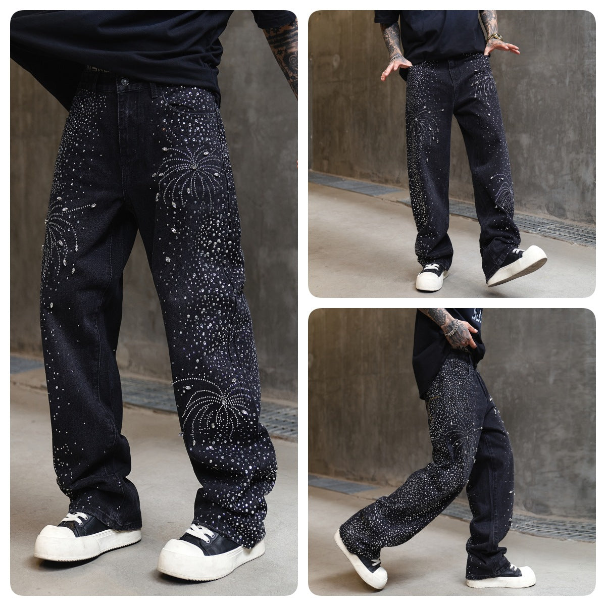 Men's Straight Leg Diamond Design Denim Jeans