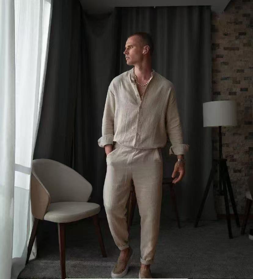 Men's Cotton Suit Casual Shirt Pants Set