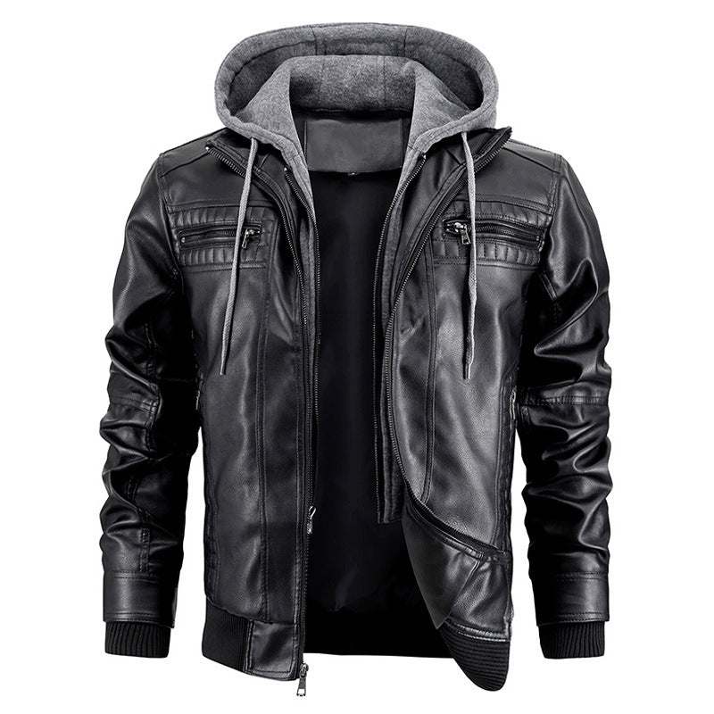 Men's PU Leather Jacket with Hood and Zip Pockets