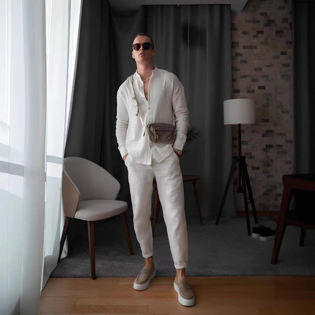 Men's Cotton Suit Casual Shirt Pants Set