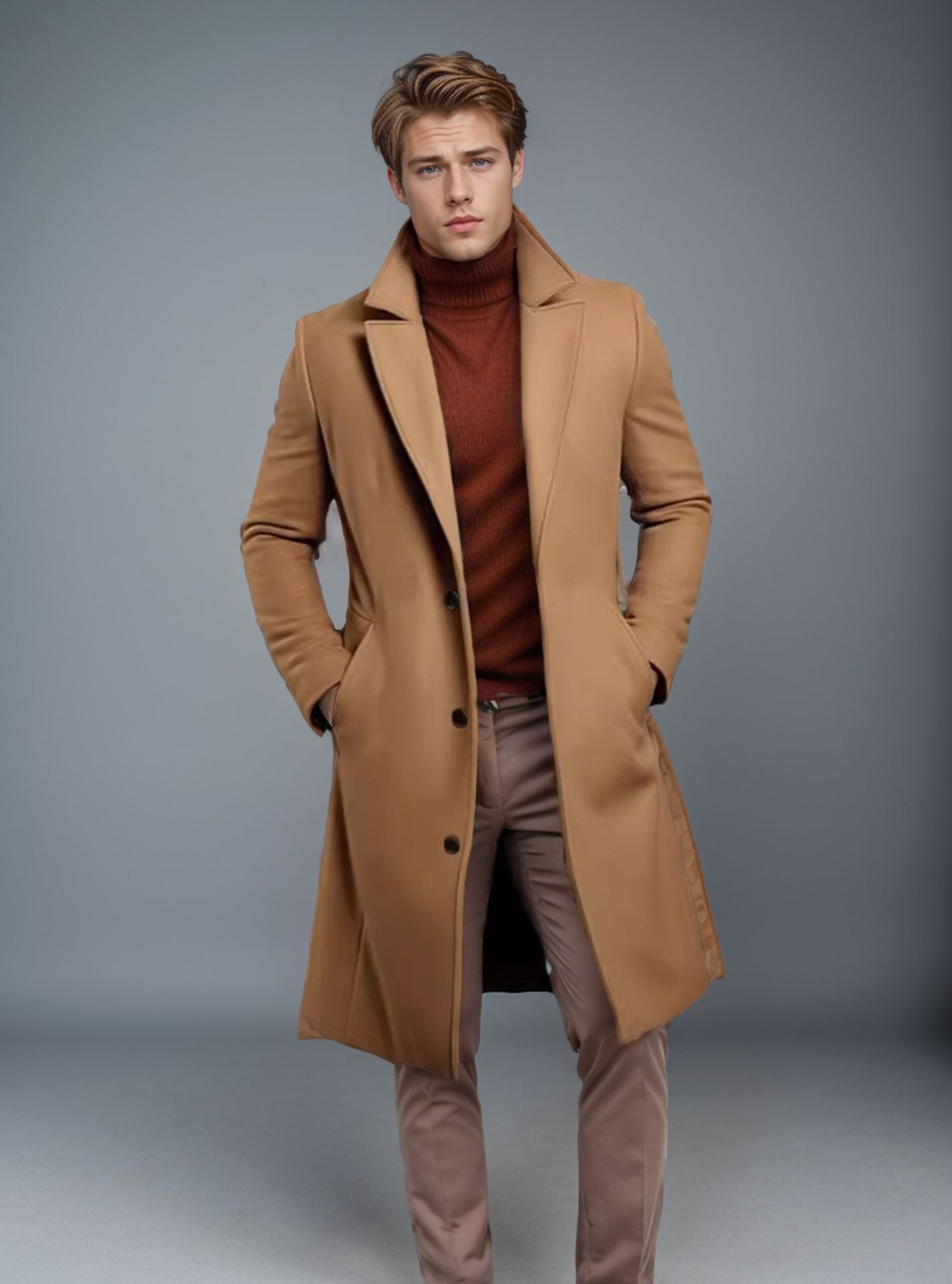 Men's British Style Wool Trench Coat Business Casual