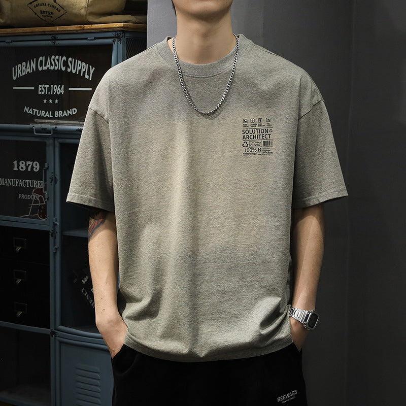 Men's Cotton T-Shirt with Retro Washed Effect and Letter Print
