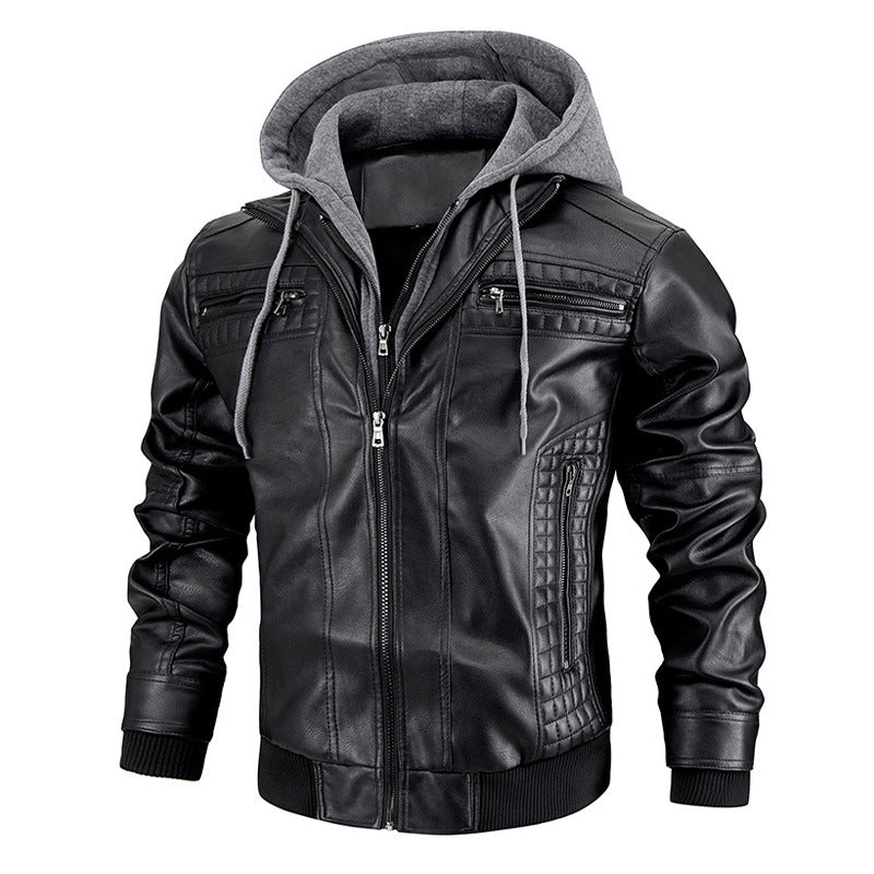 Men's PU Leather Jacket with Hood and Zip Pockets