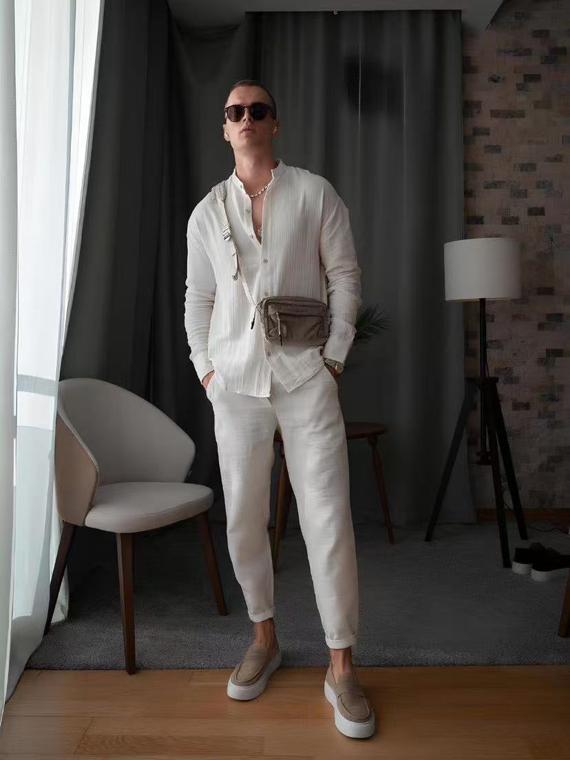 Men's Cotton Suit Casual Shirt Pants Set