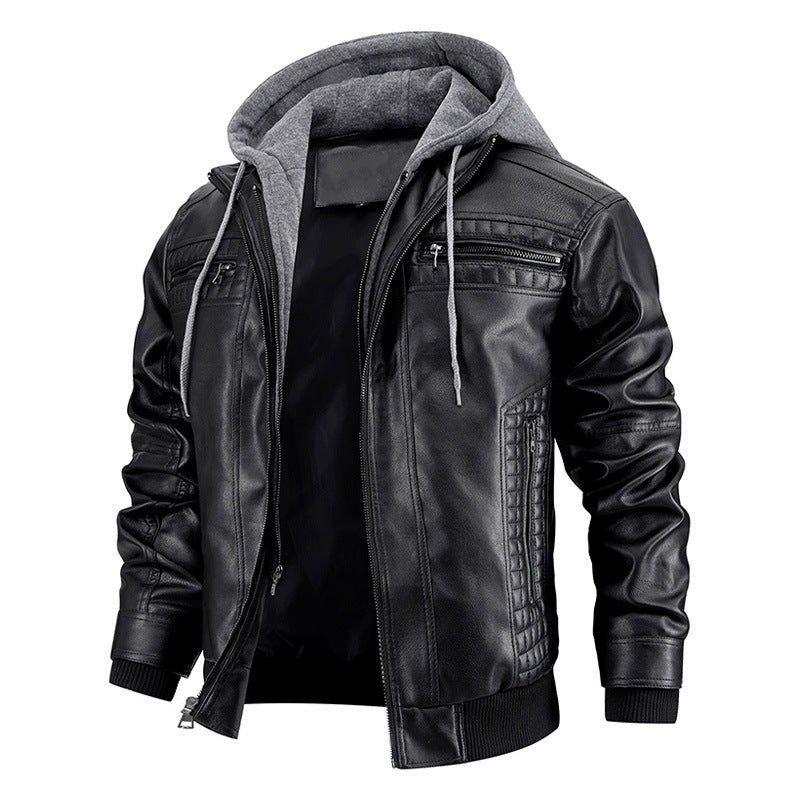 Men's PU Leather Jacket with Hood and Zip Pockets