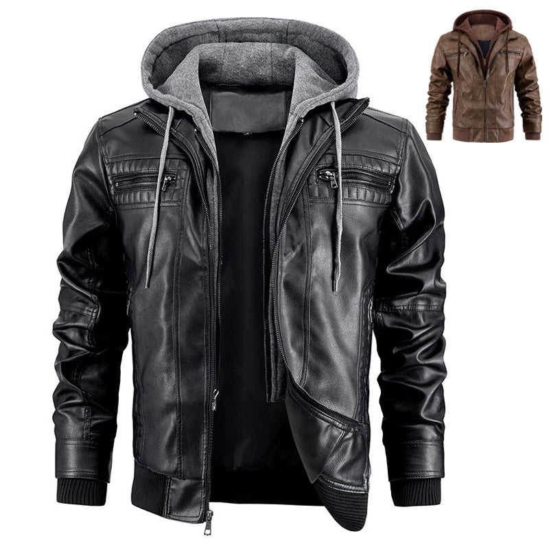Men's PU Leather Jacket with Hood and Zip Pockets