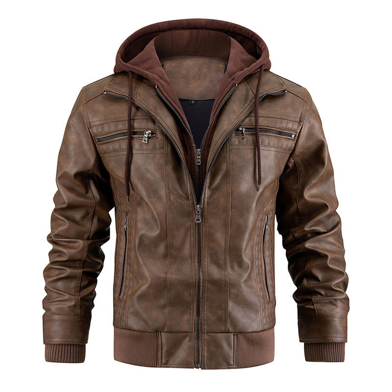 Men's PU Leather Jacket with Hood and Zip Pockets