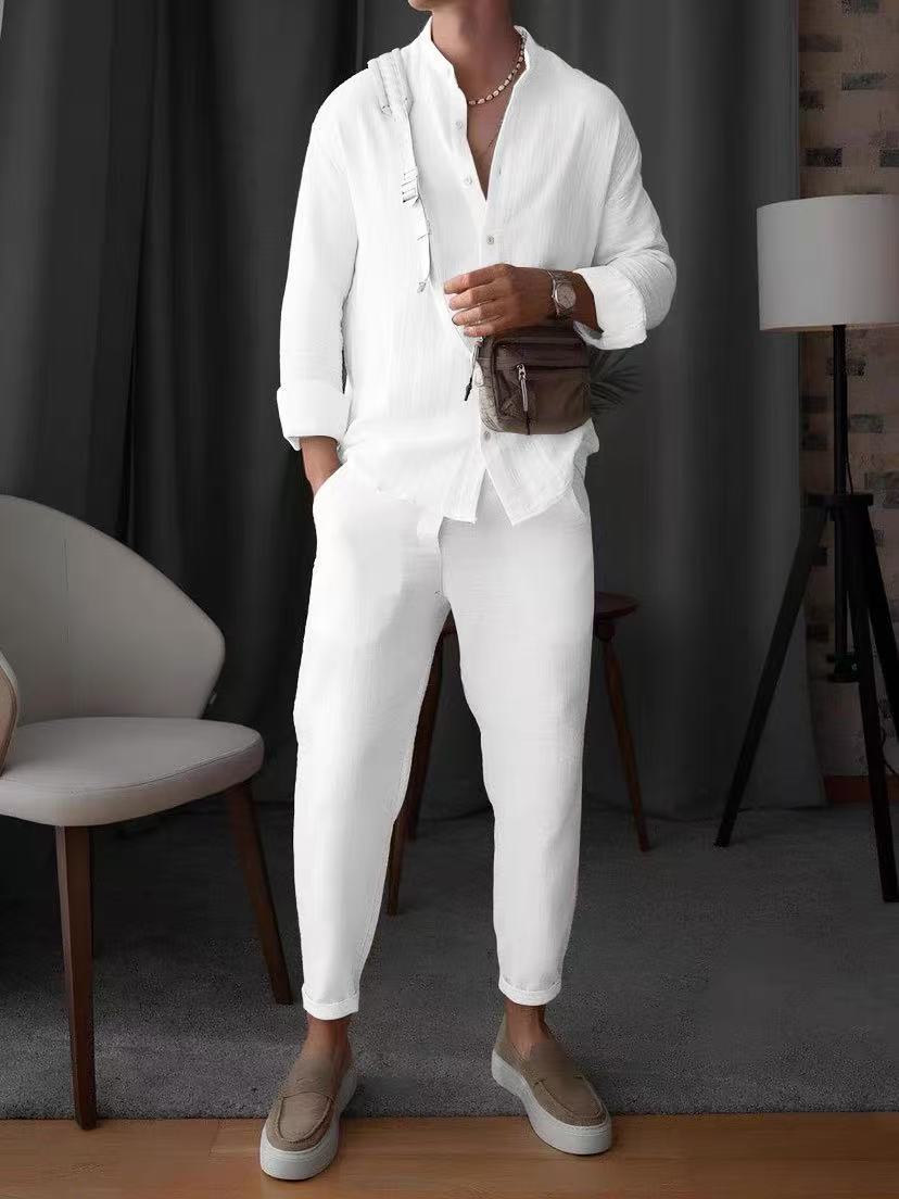 Men's Cotton Suit Casual Shirt Pants Set